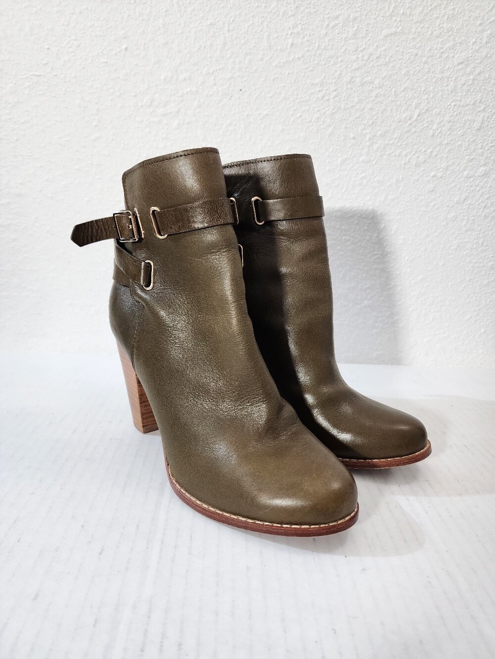 Joie Easton Women Olive Leather Buckle Boho Ankle Boots Block Heel Rustic 38.5